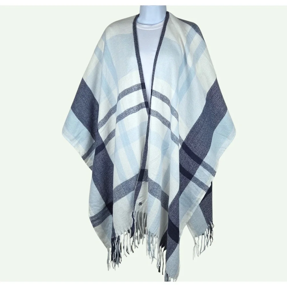 Banana Republic Plaid Poncho Wrap Shawl Blue White Cashmere Blend NWT $119